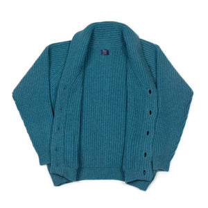 Shawl collar 4-ply cardigan jacket in Mallard blue supergeelong lambswool