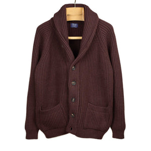 Shawl collar 4-ply cardigan jacket in Mustang brown supergeelong lambswool