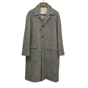 Wythe FW25 Balmacaan coat in black and white herringbone wool
