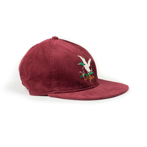 Exclusive corduroy cap in crimson with mallard embroidery (restock)