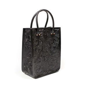 Hand-tooled leather tote bag in black