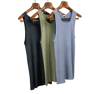 Tubular cotton tank top three-pack: washed indigo, olive and black