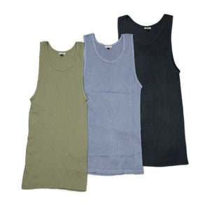 Tubular cotton tank top three-pack: washed indigo, olive and black