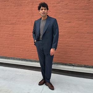 x Sartoria Carrara: Double-breasted jacket in Drapers "Five Stars / Superbio" blue wool with tan stripe (separates) [PRE-ORDER BALANCE]