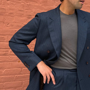 x Sartoria Carrara: Double-breasted jacket in Drapers "Five Stars / Superbio" blue wool with tan stripe (separates) [PRE-ORDER BALANCE]