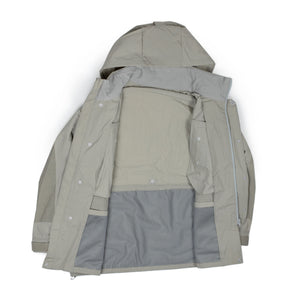 norbit FW25 Mountain Parka in grey salt-shrunk nylon with printed