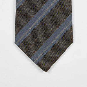 Brown cotton & linen tie, faded blue & white stripes