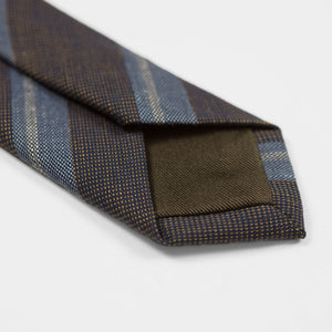 Brown cotton & linen tie, faded blue & white stripes