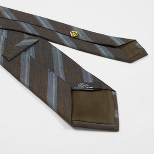 Brown cotton & linen tie, faded blue & white stripes