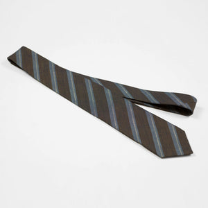 Brown cotton & linen tie, faded blue & white stripes