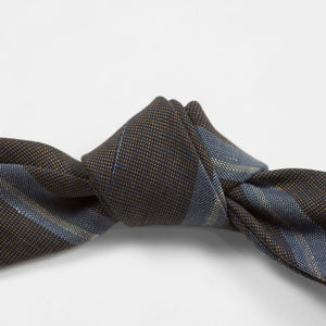 Brown cotton & linen tie, faded blue & white stripes