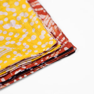 Yellow & burgundy double-sided pocket square, Adire galactic pattern