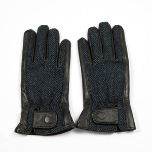 Navy blue cashmere-lined gloves with Harris Tweed back