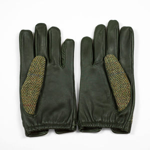 Hunter green cashmere-lined gloves with Harris Tweed herringbone back