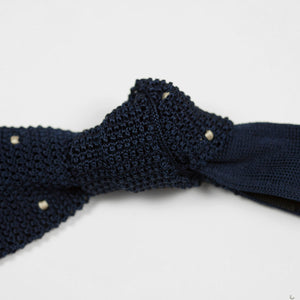 Navy square bottom silk knit tie, hand-sewn grey dots