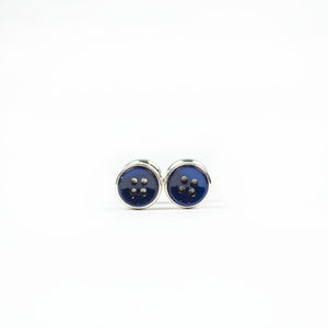 Silver barbell cufflinks, deep blue mother-of-pearl button design