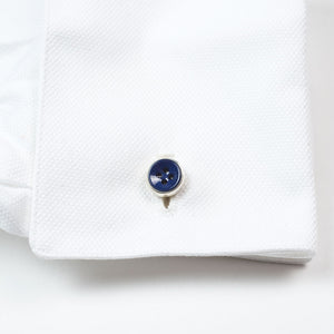 Silver barbell cufflinks, deep blue mother-of-pearl button design