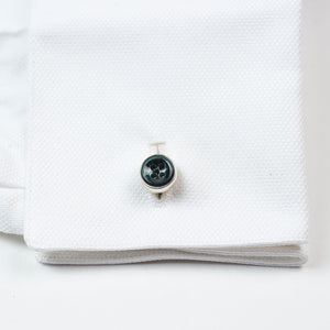 Silver barbell cufflinks, dark green mother-of-pearl button design