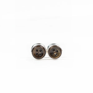 Silver barbell cufflinks, dark brown mother-of-pearl button design