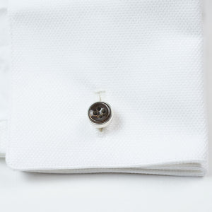 Silver barbell cufflinks, dark brown mother-of-pearl button design
