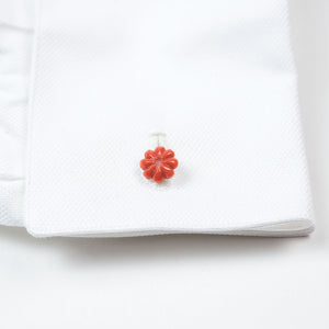 Silver cufflinks with hand-carved flower in genuine coral