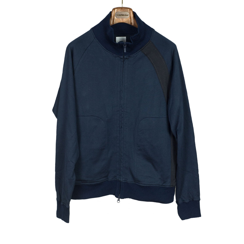 Asymmetric stripe track jacket in navy cotton terry jersey – No Man ...