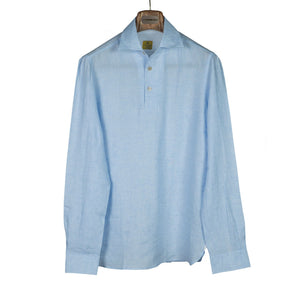 Light blue linen popover shirt, one-piece Capri collar (restock)