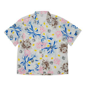 Camp collar shirt in speckled white cotton with multicolor floral screen print