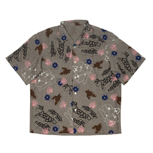 Camp collar shirt in brown chambray with multicolor geometric screen print