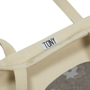 Circle tote in natural cotton with hand-printed patch