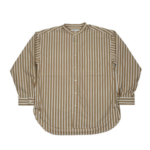 "Dormir" striped band collar shirt in tan and white cotton poplin