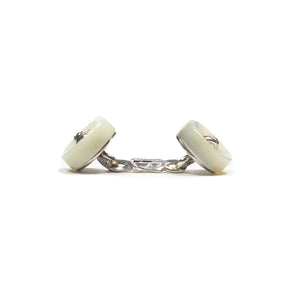 Silver chain cufflinks, natural mother-of-pearl button with crow stitch design
