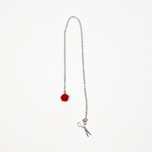 Silver lapel chain with red coral hand-carved flower and tailor scissors