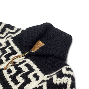 Bison hand-knit Cowichan cardigan, black, grey and natural 6-ply wool (restock)