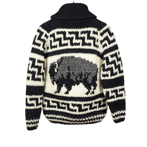Bison hand-knit Cowichan cardigan, black, grey and natural 6-ply wool (restock)