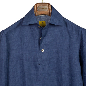 Blue stripe linen cotton popover shirt, one-piece Capri collar