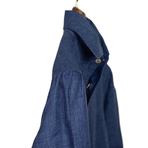 Blue stripe linen cotton popover shirt, one-piece Capri collar