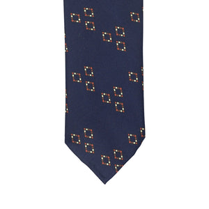 Navy silk tie with vintage print, hand-rolled & untipped