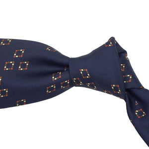 Navy silk tie with vintage print, hand-rolled & untipped