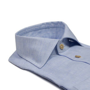 Hand-sewn blue linen shirt, spread collar (restock)