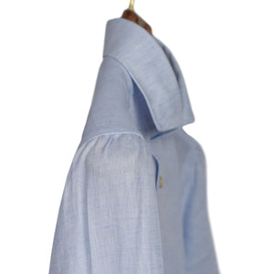 Hand-sewn blue linen shirt, spread collar (restock)