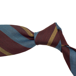 Burgundy, blue and gold stripe linen/silk tie