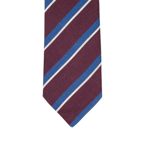 Wine linen tie, blue and white hand-printed stripes