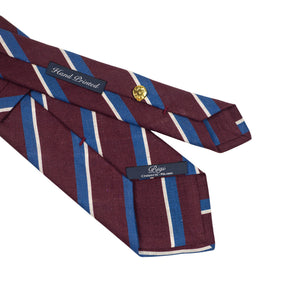 Wine linen tie, blue and white hand-printed stripes