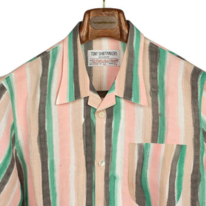 Camp collar pocket shirt in hand painted multi-stripe linen
