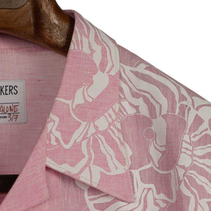 Camp Collar pocket shirt in pink linen with white oversized flower print