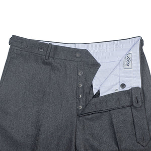 Higher-rise mid grey wool flannel trousers with side tabs (restock)