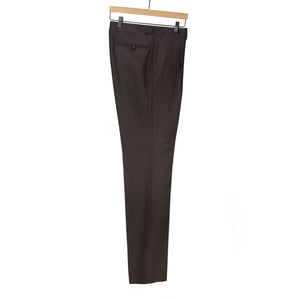 Higher-rise chocolate brown wool hopsack pleated trousers