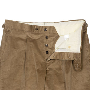 x Sartoria Carrara: Pleated trousers in tan Loro Piana cotton and wool corduroy (separates)