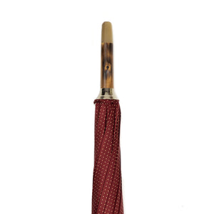Chestnut solid stick umbrella, burgundy dotted canopy